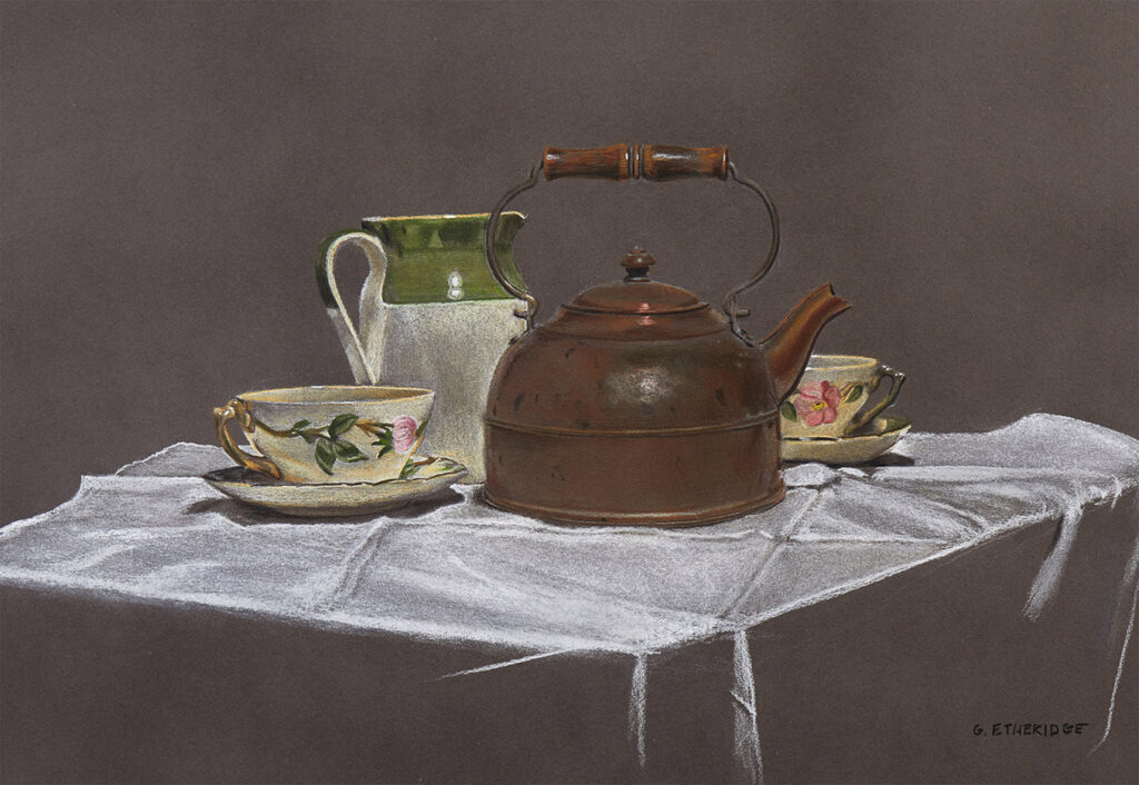 Pastel pencil still life of an old copper kettle with tea cups and a milk pitcher on a white table cloth.