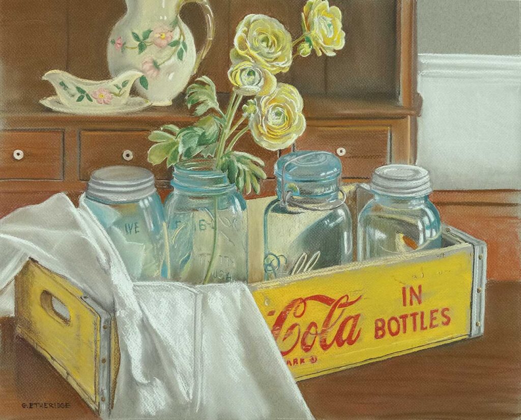 Pastel pencil drawing of ball jars in an old cola crate sitting on a table. One of the jars holds yellow flowers.