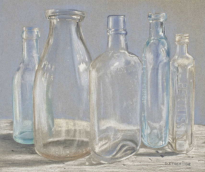 Antique glass bottles lined up in the evening light. A pastel pencil drawing on Canson paper.